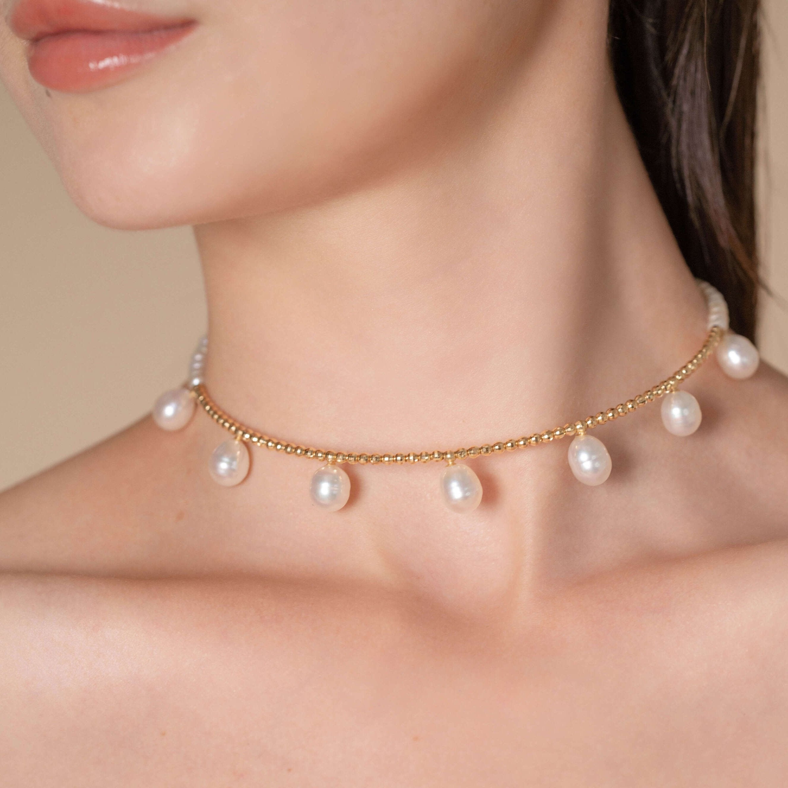 Elegant Pearl Dot x Gold Choker, perfect for adding a touch of sophistication to any outfit.