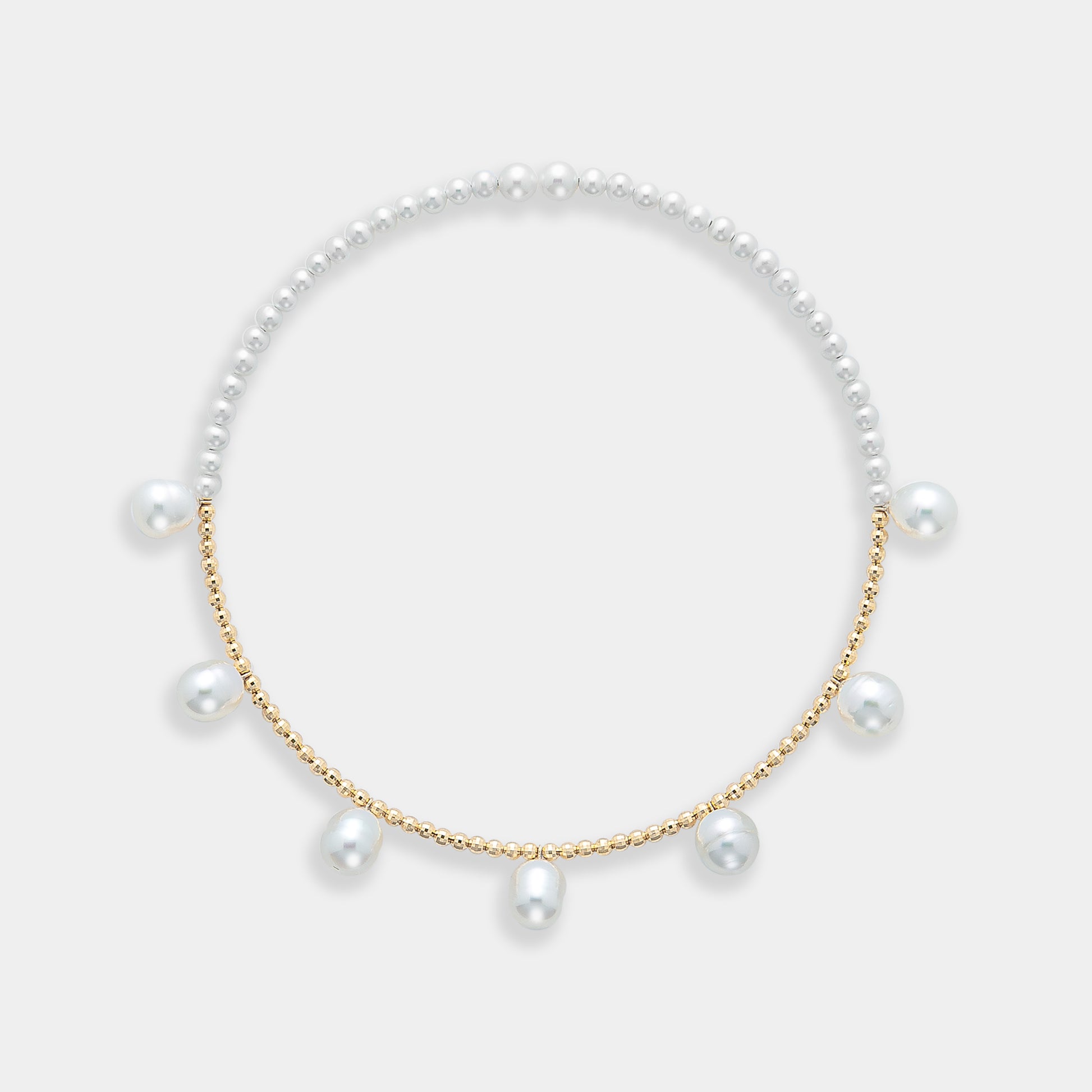 Enhance your elegance with a stunning Pearl Dot x Gold Choker, featuring a pearl necklace adorned with gold beads and pearls.