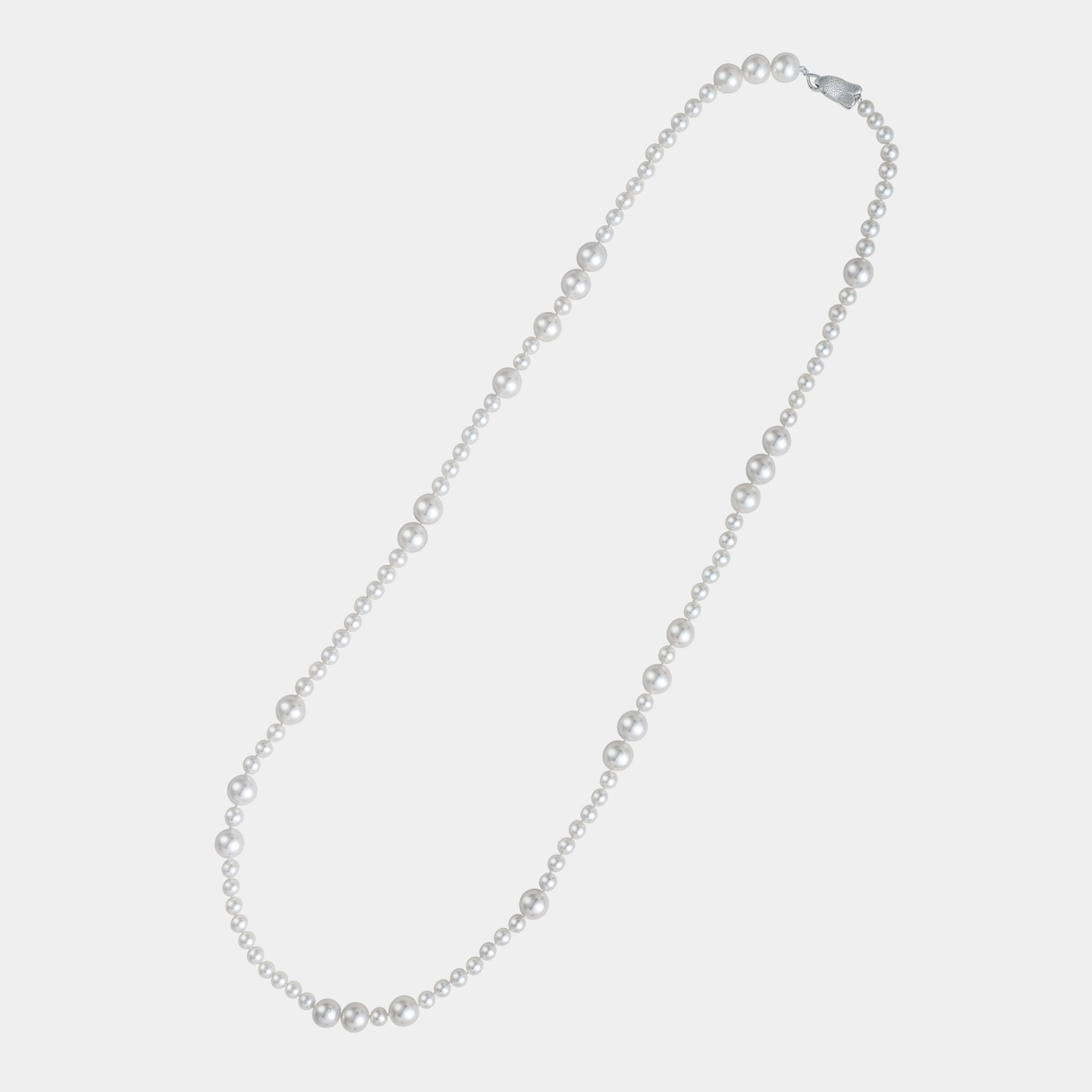 A luxurious long necklace adorned with lustrous freshwater pearls and silver, ideal for adding sophistication to any outfit.